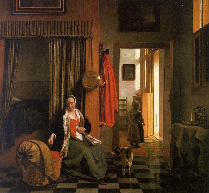 Pieter de Hooch Mother Lacing her Bodice Beside a Cradle china oil painting image